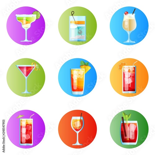 Set of Nine Tropical Cocktails Rounded Image. Margarita, Tom Collins, Pina Colada