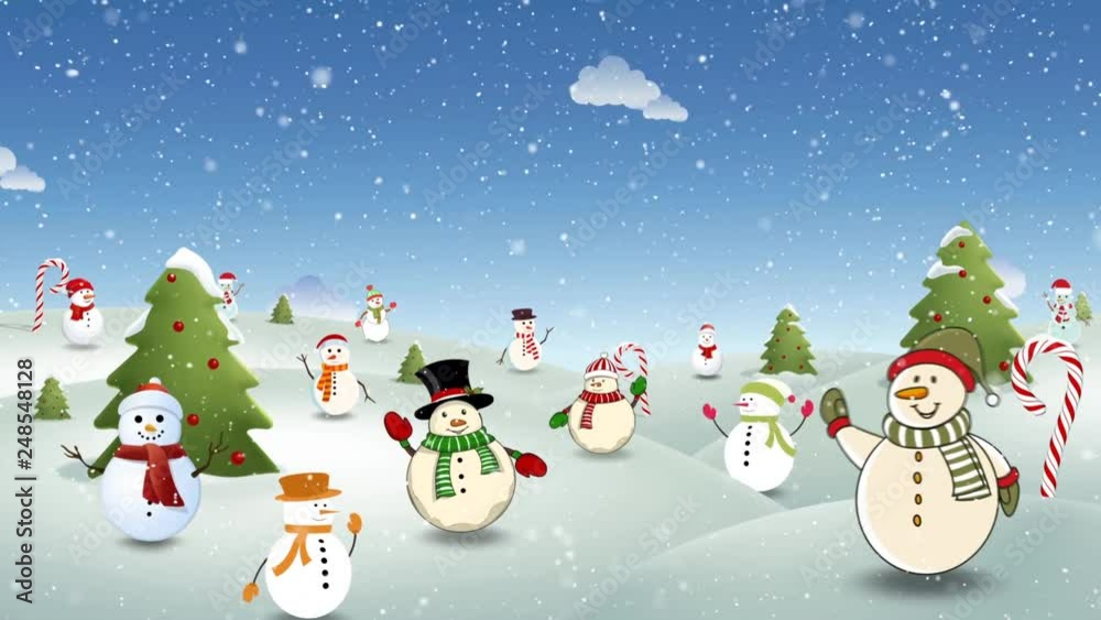 Happy Snow People Background Loop features a variety of happy snow people waving and bouncing with moving clouds and falling snow in a loop with room for your personal message  