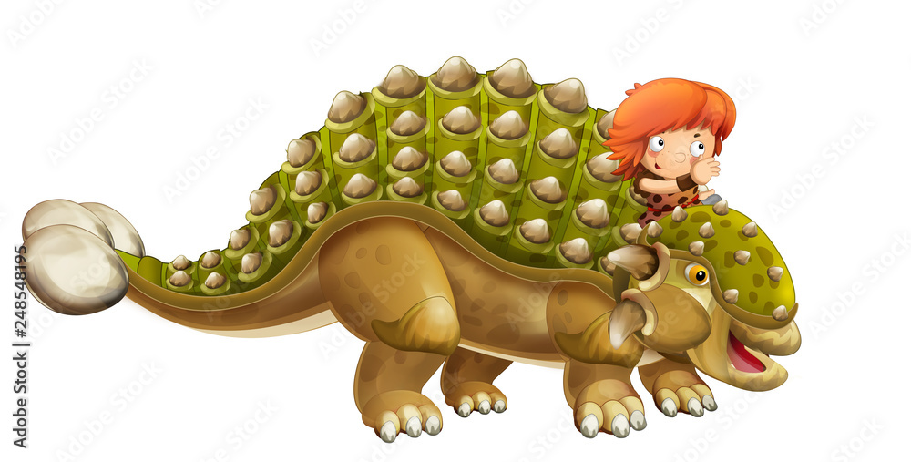Fototapeta premium cartoon dinosaur euoplocephalus and caveman riding on him - isolated on white background - illustration for children