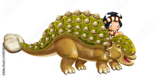 cartoon dinosaur euoplocephalus and caveman riding on him - isolated on white background - illustration for children photo