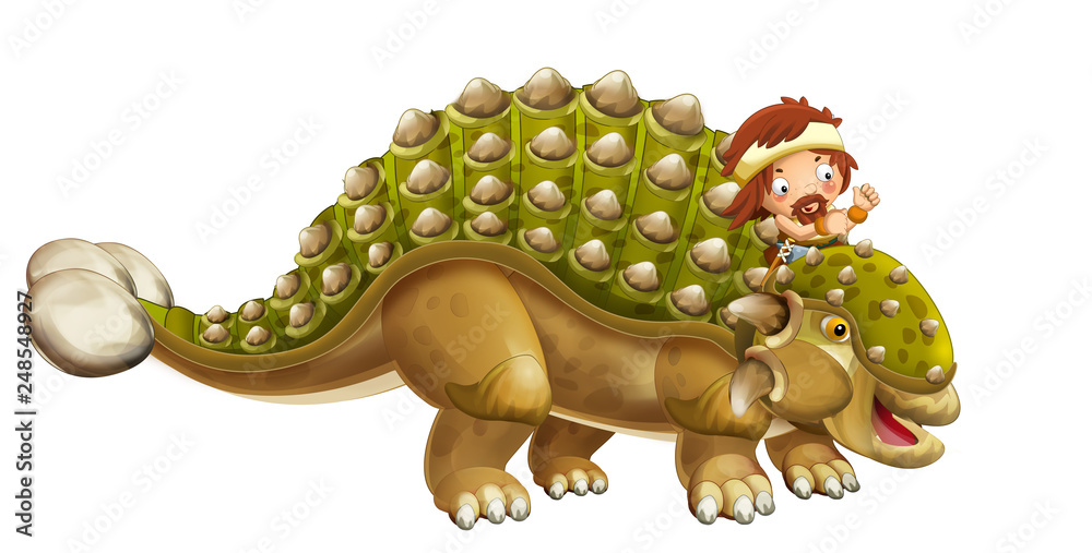 Fototapeta premium cartoon dinosaur euoplocephalus and caveman riding on him - isolated on white background - illustration for children