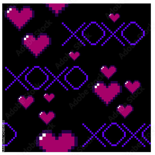 Valentine Pixel Hearts XOXO Seamless Vector Repeating Pattern