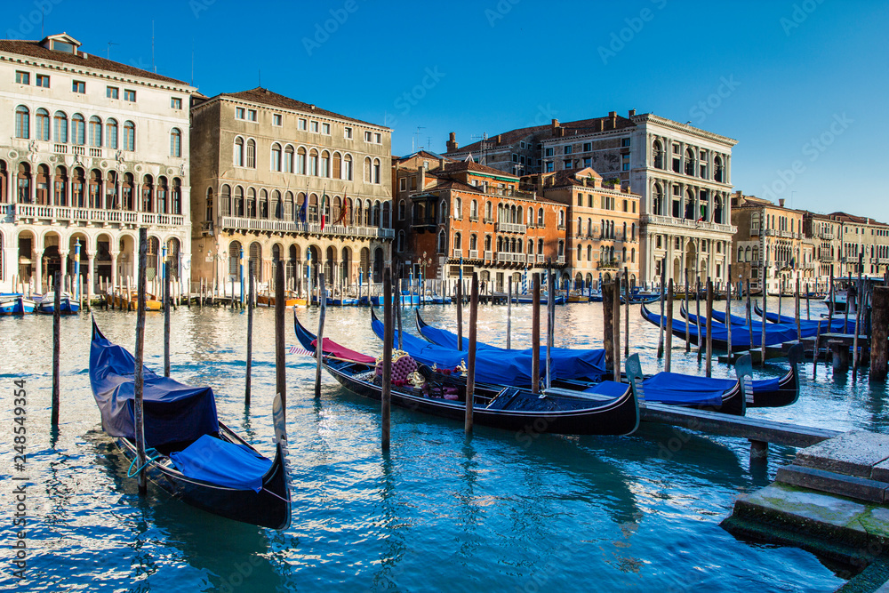 Grand Canal of Venice and the gondolas on the shore