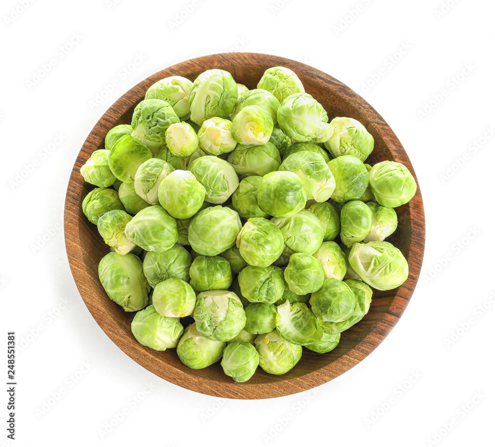 Bowl of fresh Brussels sprouts isolated on white, top view Bowl of fresh Brussels sprouts isolated on white, top view