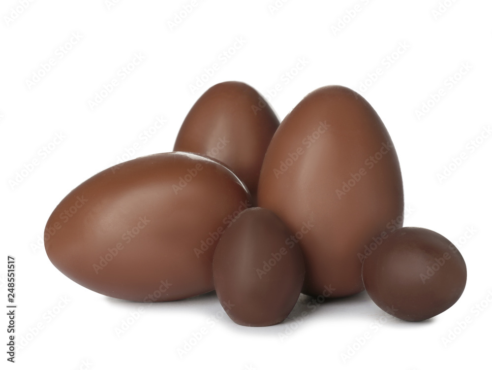 Tasty chocolate Easter eggs on white background Tasty chocolate Easter eggs on white background