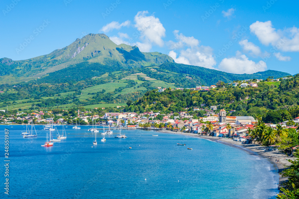 Saint Pierre Caribbean bay in Martinique beside Mount Pelée volcano