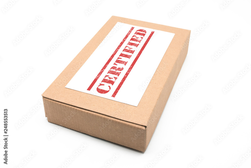 Box with stamped certificate. White background Box with stamped certificate. White background