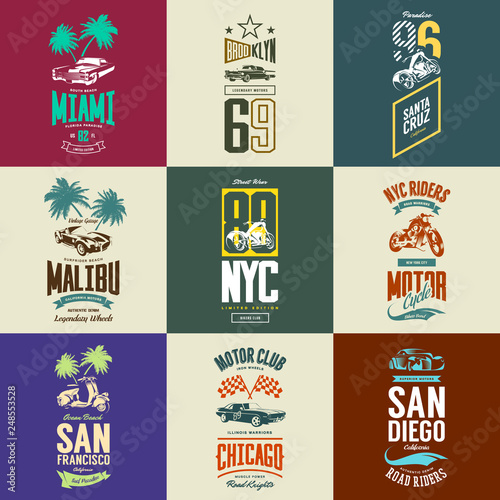 Vintage motorcycle, moped, muscle, roadster and classic car vector t-shirt logo isolated set. Premium quality auto logotype tee-shirt illustration. Vehicle street wear retro hipster tee print design.