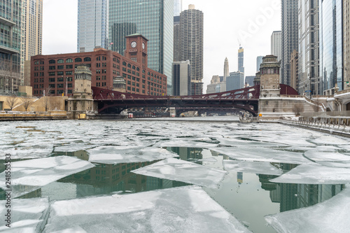 Chicago downtown icy frozen river in winter