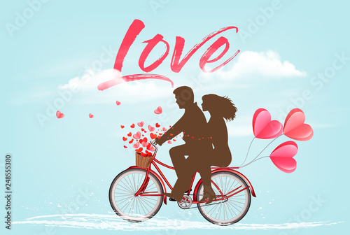 Valentine's Day background with a heart ballons and a bicycle with silhouelle. Vector.