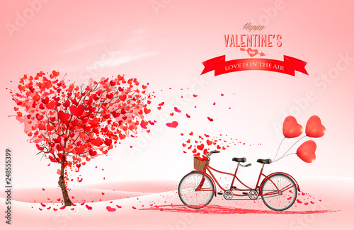 Valentine's Day background with a heart shaped tree and a tandem bicycle. Vector.