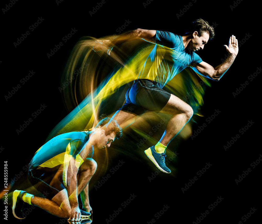one caucasian runner running jogger jogging man light painting speed