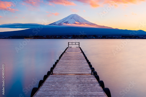 Mt. Fuji with a leading dock in Lake Kawaguchi, Japan	 photo