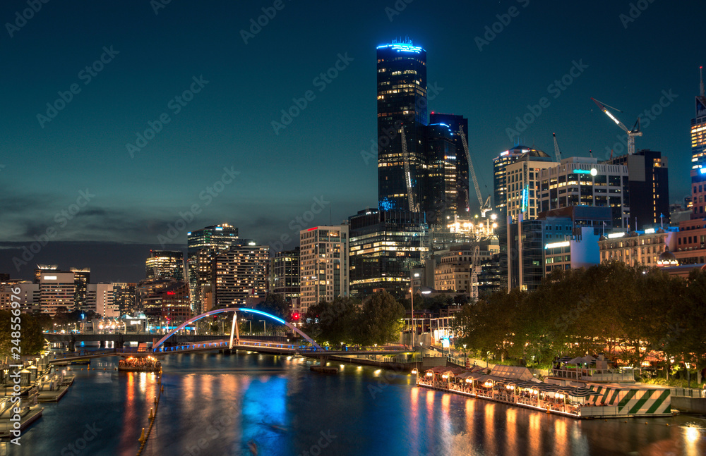 Melbourne Australia city  river and buildings at night