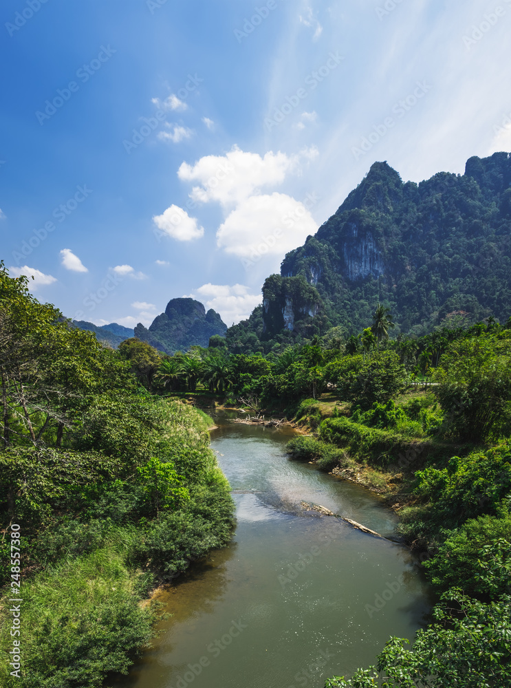 Beautiful landscape with the river Sok, tropical forest and mountains, Khao Sok National Park, Surat Thani Province, Thailand.