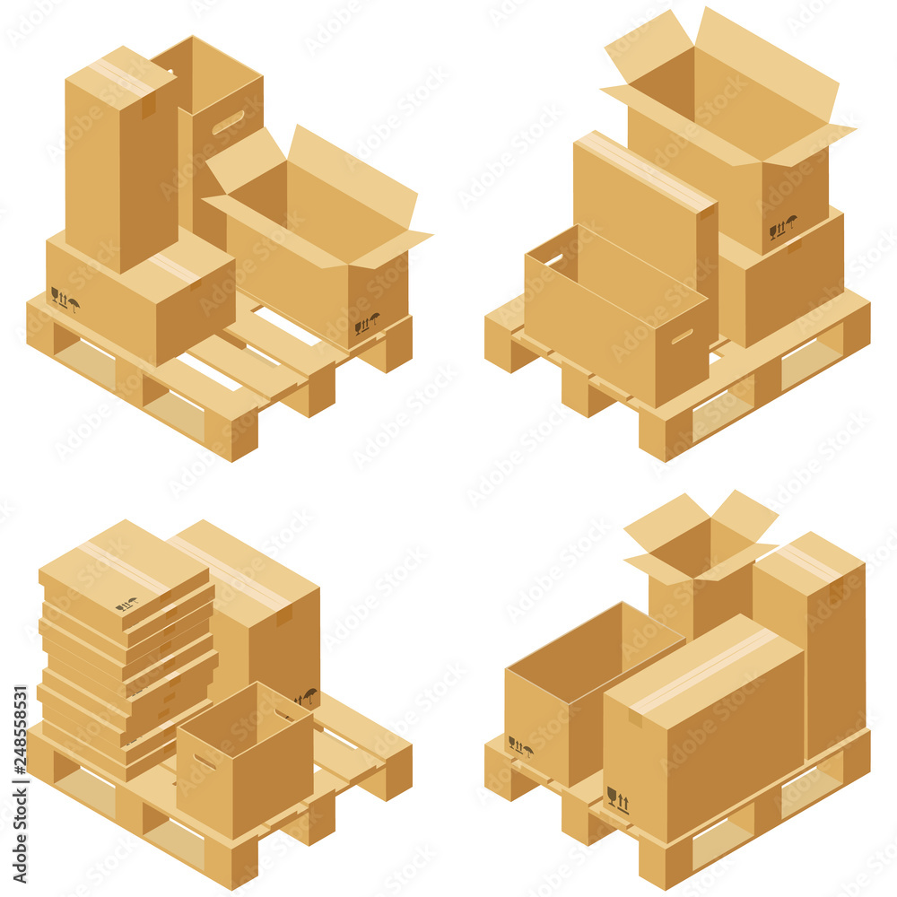 Cardboard boxes and wood pallet isometric set isolated on white background. Vector carton packaging box images. Cardboard boxes and wood pallet isometric set isolated on white background. Vector carton packaging box images.