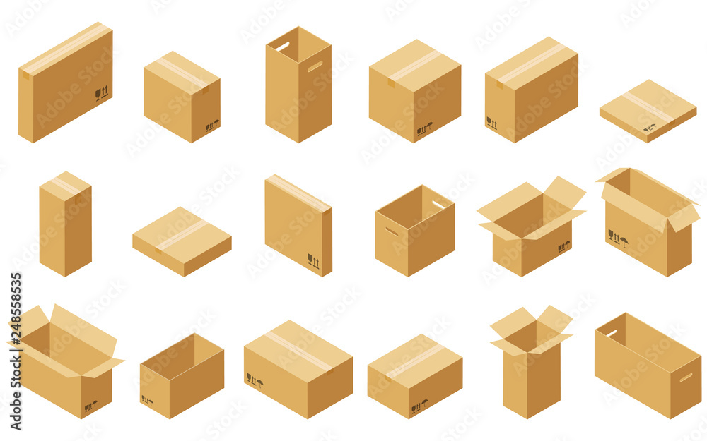 Big set of cardboard boxes isolated on white background. Vector carton packaging box images. Big set of cardboard boxes isolated on white background. Vector carton packaging box images.