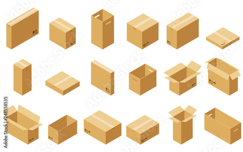 Big set of cardboard boxes isolated on white background. Vector carton packaging box images.