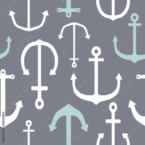 blue and white anchor vector repeat pattern on a gray background