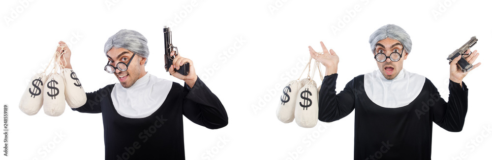 Man in nun dress with handgun and moneybags Man in nun dress with handgun and moneybags