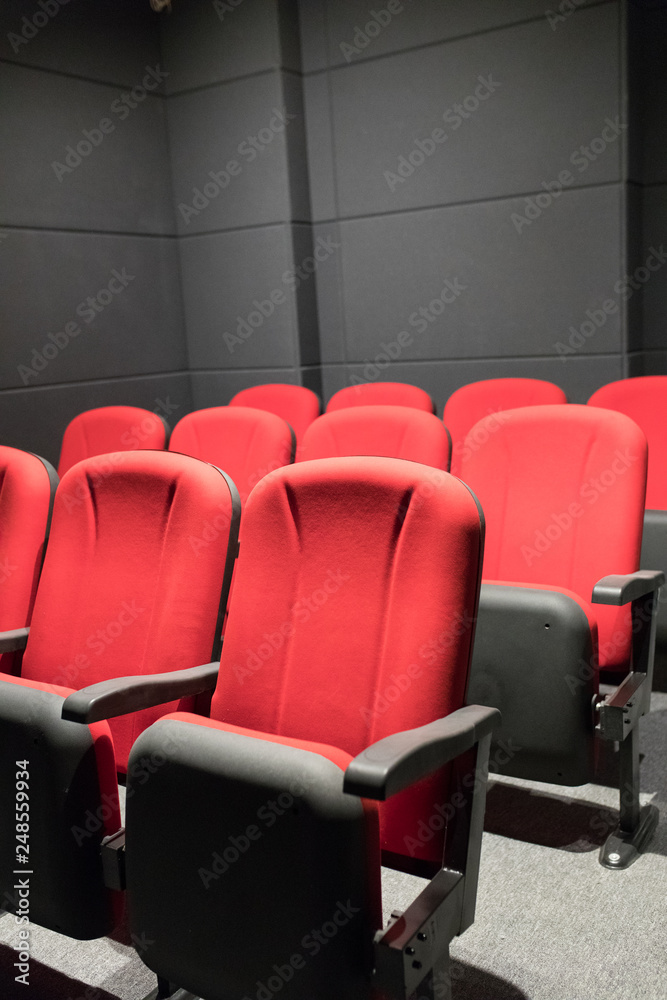Cinema or movie auditorium with empty red seats or chairs Cinema or movie auditorium with empty red seats or chairs