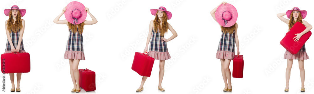 Young woman with suitcase isolated on white Young woman with suitcase isolated on white