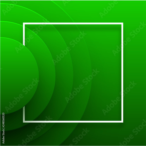 Green abstract paper background with white frame and multi-layered circles pattern.