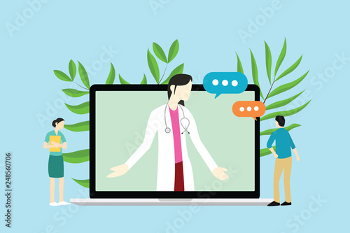 online female doctor consultations with doctor and patient and nurse on laptop - vector
