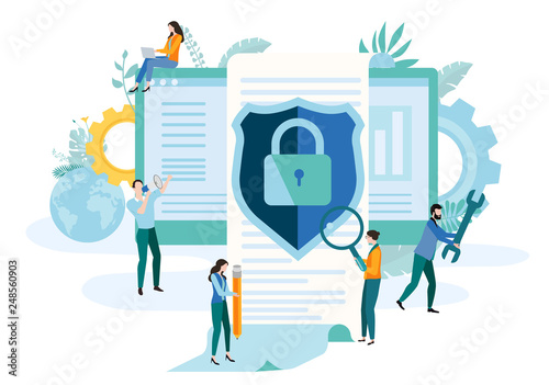 Online technologies, IT and internet security. Landing page template with people and computer.