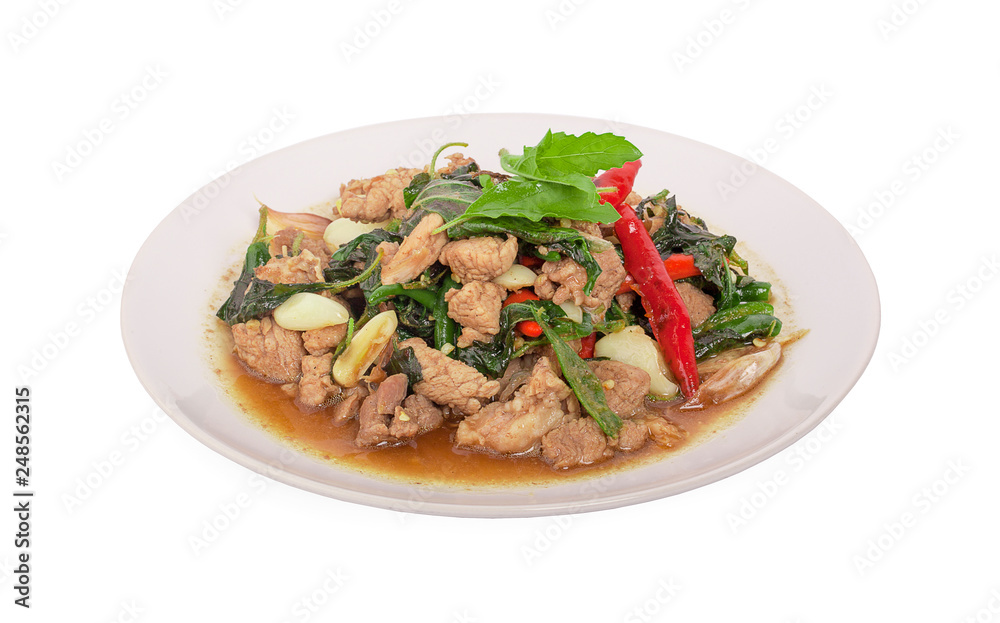 Stir-fried pork with basil leaves in plate Stir-fried pork with basil leaves in plate
