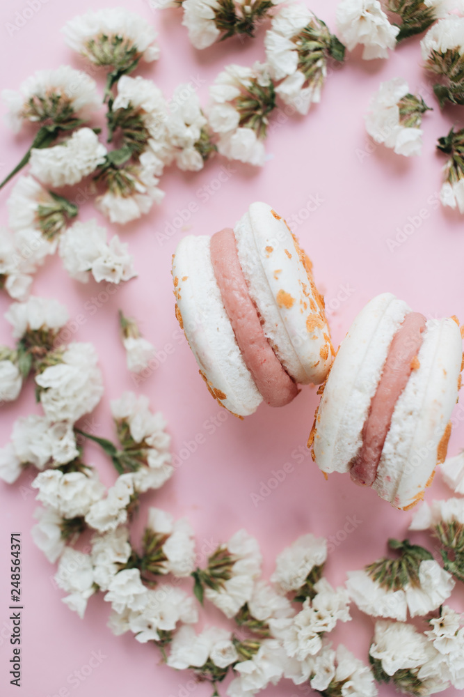 Composition of delicious bright macaroons and floral petals Composition of delicious bright macaroons and floral petals