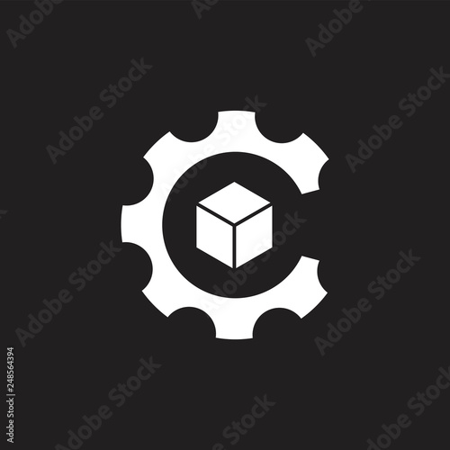 letter c cog machine box design logo vector