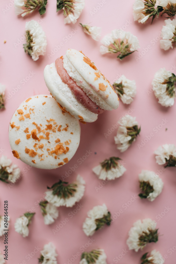 Composition of delicious bright macaroons and floral petals 
