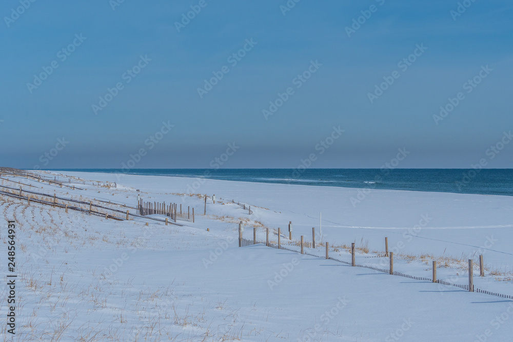 Empty beach after snowfall