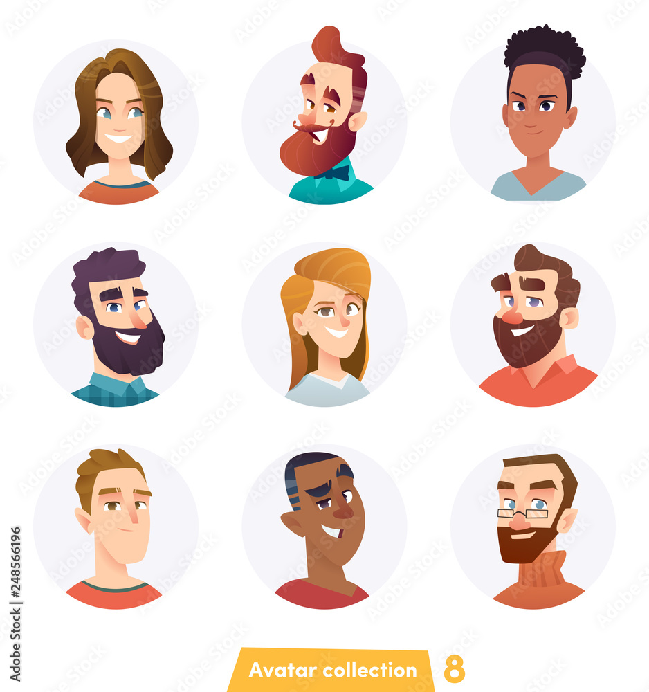 Cheerful people avatar collection. User faces. Trendy modern style. Flat Cartoon Character design Cheerful people avatar collection. User faces. Trendy modern style. Flat Cartoon Character design