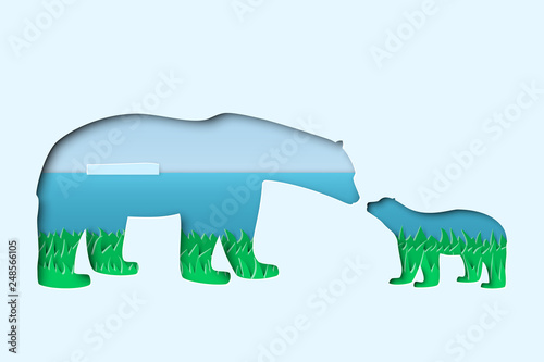 north arctic polar white mother and cub bears in paper cut craft art style with summer north pole landscape  double exposure mockup  stock vector illustration clip art template