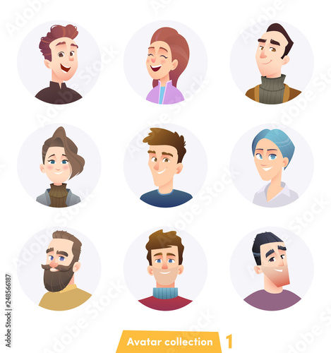 Cheerful people avatar collection. User faces. Trendy modern style. Flat Cartoon Character design