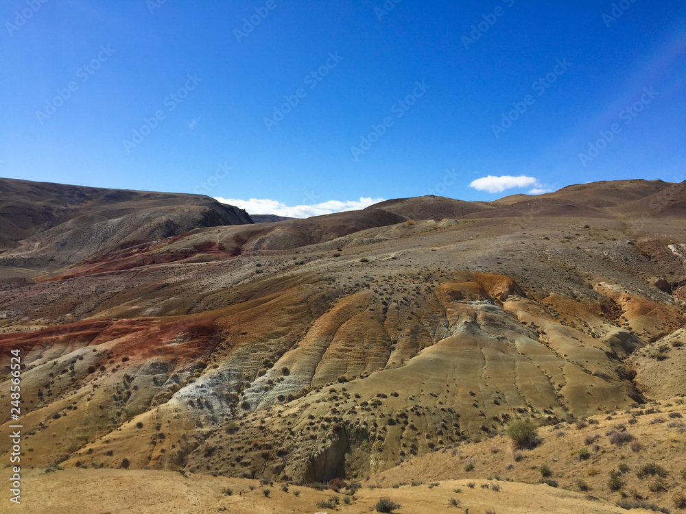 Martian landscape on Earth. Kyzyl-Chin or Altai Mars red rocks mountains. Altai. Russia