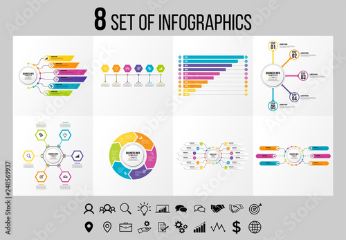 Set 8 Of Infographics Elements Vector Design Template. Business Data Visualization Infographics Timeline with Marketing Icons most useful can be used for workflow, presentation, diagrams, reports