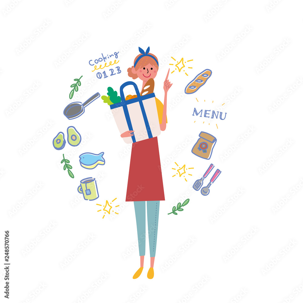 エプロン姿の女性 主婦 イラスト 買い物 Stock Vector Adobe Stock エプロン姿の女性 主婦 イラスト 買い物 Stock Vector Adobe Stock