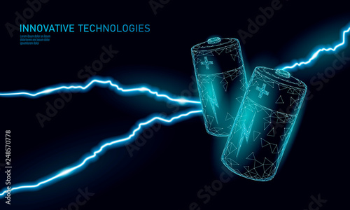Charged polygonal alkaline battery. Energy power work. Dangerous threat situation. Lightning thunder low poly polygon particle space dark sky industry technology concept vector illustration