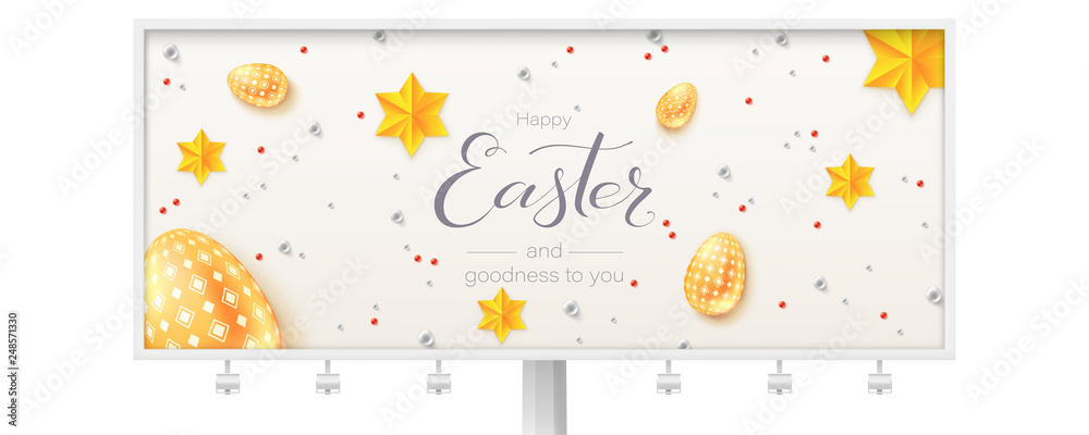 Vintage Easter pattern on white billboard. Creative hand written calligraphic text of greetings for easter holidays isolated on white. Golden and silver toys in abstract pattern