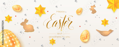 Vintage Easter pattern. Creative hand written calligraphic text of greetings for easter holidays isolated on white. Golden and silver toys, cookies in the form of Easter rabbits in abstract pattern