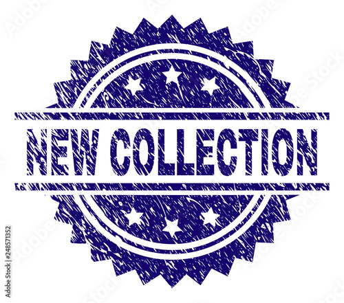 NEW COLLECTION stamp seal watermark with distress style. Blue vector rubber print of NEW COLLECTION title with grunge texture.