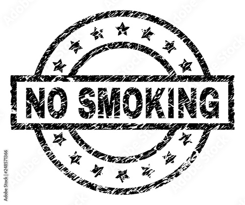 NO SMOKING stamp seal watermark with distress style. Designed with rectangle, circles and stars. Black vector rubber print of NO SMOKING title with scratched texture.