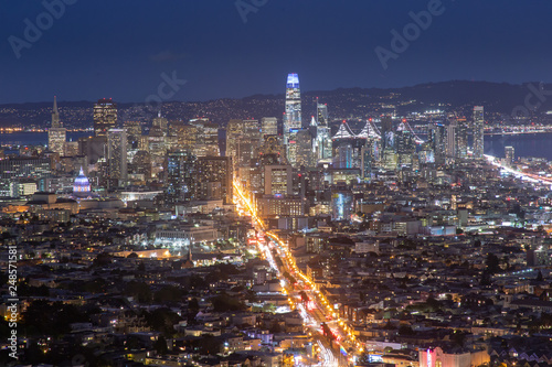 Aerial San Francisco at Night. A View towards Downtown with the New Salesforce Tower