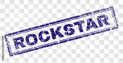 ROCKSTAR stamp seal watermark with rubber print style and double framed rectangle shape. Stamp is placed on a transparent background. Blue vector rubber print of ROCKSTAR tag with unclean texture.