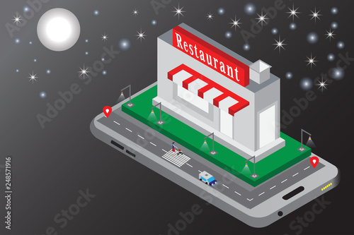 3g smart phone with city isometric modern restaurant building of night concept