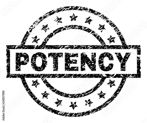 POTENCY stamp seal watermark with distress style. Designed with rectangle, circles and stars. Black vector rubber print of POTENCY title with corroded texture.