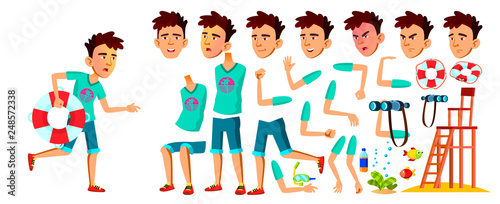 Asian Teen Boy Vector. Lifeguard On The Beach. Animation Creation Set. Face Emotions, Gestures. Caucasian, Positive. Animated. For Banner, Flyer, Web Design. Isolated Cartoon Illustration